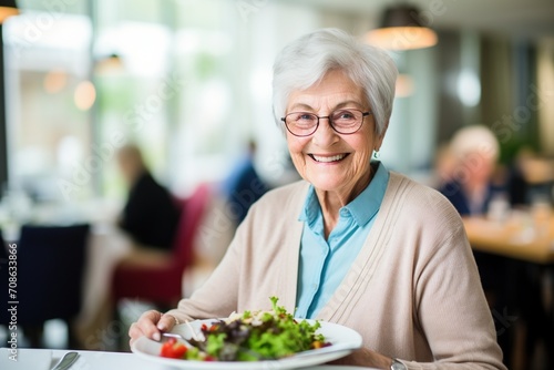 Happy elderly woman eating a healthy salad