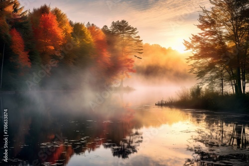 A dreamy scene of mist rising from a tranquil pond surrounded by colorful trees, evoking the enchantment of a fall morning