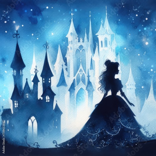 A silhouette of a beautiful woman in a dress, fairy tale illustration.