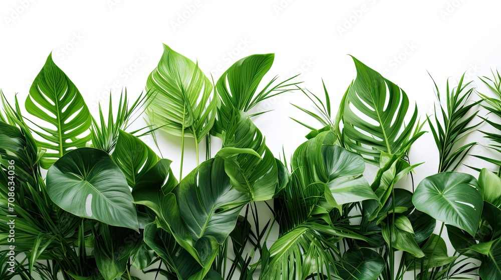 a tropical indoor garden, a green leaves arrangement from tropical plants in a minimalist modern style, isolated on a pristine white background for a clean and contemporary aesthetic.