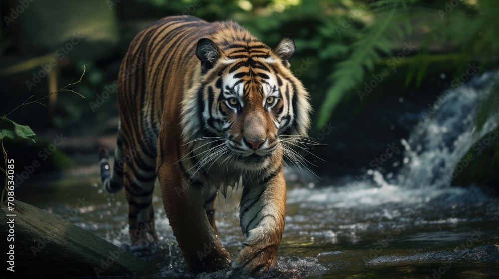 an Amur tiger walking in a green forest stream in its natural habitat, highlighting the dangerous and wild nature of this magnificent creature within the taiga.