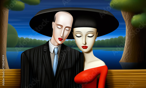 A stylized couple with exaggerated features and elegant attire sits serenely by a tranquil lake, framed by lush trees under a clear sky.Art concept. AI generated.