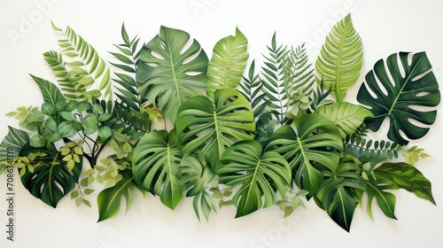 a tropical indoor garden  a green leaves arrangement from tropical plants in a minimalist modern style  isolated on a pristine white background for a clean and contemporary aesthetic.