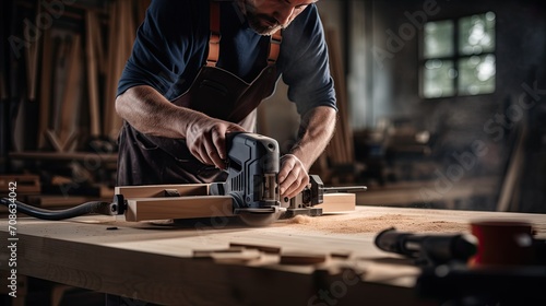a close-up of a man skillfully cutting a wooden plank with an electric jigsaw in a workshop, focusing on minimalist modern style to highlight the precision and craftsmanship involved. © Li