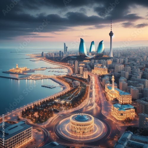 Fotobehang Azerbaijan Baku Flame Towers Boulevard sightseeing travel