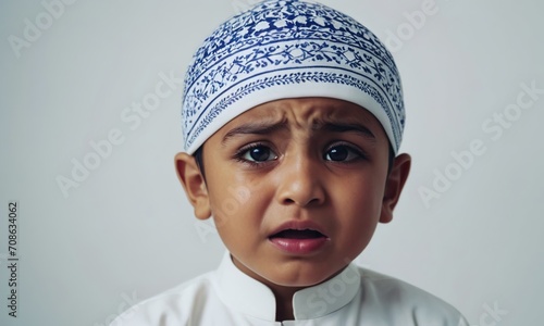 crying little Muslim boy, small child, children's emotions, portrait of children, crying children, children's tears photo