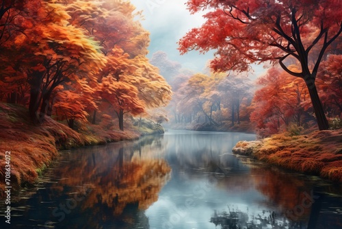 A picturesque scene of a tranquil river reflecting the colorful foliage of surrounding trees, creating a serene autumnal landscape