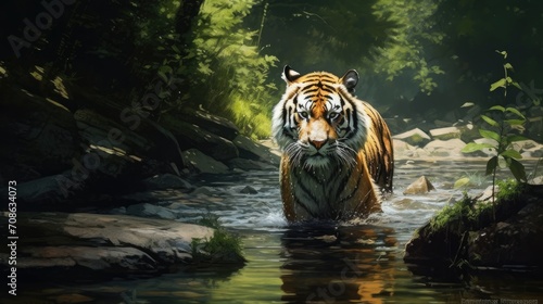 an Amur tiger walking in a green forest stream in its natural habitat  highlighting the dangerous and wild nature of this magnificent creature within the taiga.