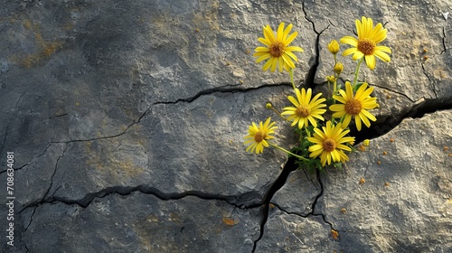 Yellow Flowers Growing Out of a Crack in a Rock