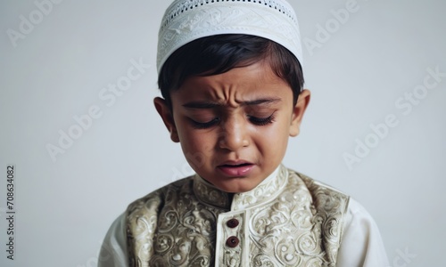 crying little Muslim boy, small child, children's emotions, portrait of children, crying children, children's tears photo