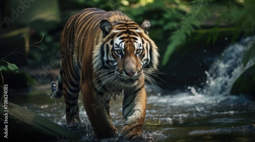 an Amur tiger walking in a green forest stream in its natural habitat  highlighting the dangerous and wild nature of this magnificent creature within the taiga.