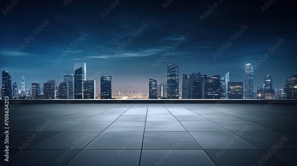 an empty square floor against a city skyline and building background, all in a minimalist modern style, emphasizes the visual appeal of the open space and the architectural elements.