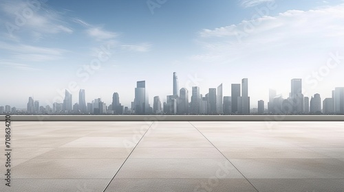 an empty square floor against a city skyline and building background, all in a minimalist modern style, emphasizes the visual appeal of the open space and the architectural elements.