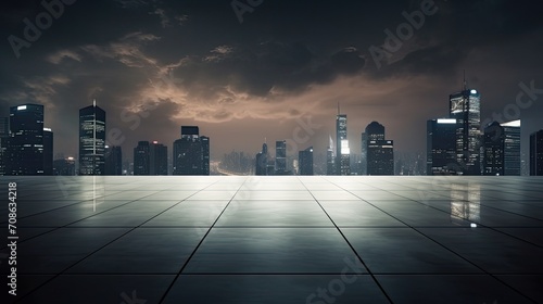 an empty square floor against a city skyline and building background  all in a minimalist modern style  emphasizes the visual appeal of the open space and the architectural elements.