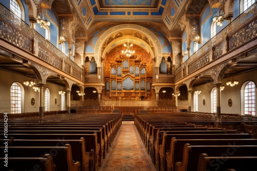 Empty church with pews and chandeliers indoor