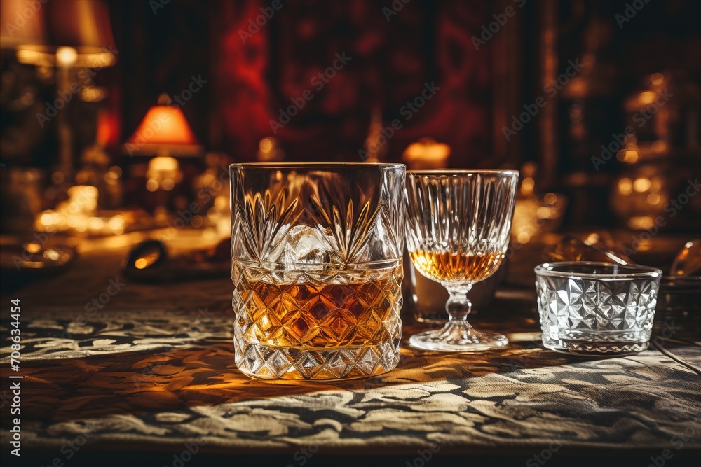Luxurious Whiskey Table with Crystal Glass and Refined Bottle for Elegant Ambiance Luxurious Whiskey Table with Crystal Glass and Refined Bottle for Elegant Ambiance