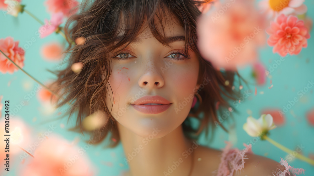 Portrait of a beautiful, joyful, confident, young woman with pink and soft peach color flowers floating around her hair on pastel blue background. Spring or summer blossom concept.