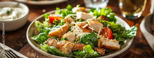 Caesar salad with chicken. Caesar salad with grilled chicken and croutons on a wooden background