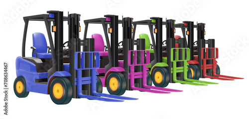 forklift art 3D vector design bright colors warehouse template services. Warehousing, storage, sorting, loading of goods Automatic robotic forklift truck white background