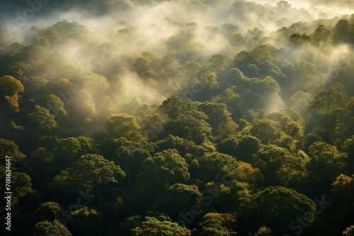Aerial shot of a dense forest canopy drenched in soft morning light