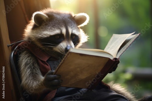 Raccoon reading a book,a day in the forest,a thoughtful look,the sun is shining #708634666