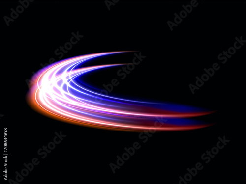 Blue glowing shiny lines effect black background. Luminous white lines of speed. Light glowing effect. Light trail wave, fire path trace line and incandescence curve twirl.