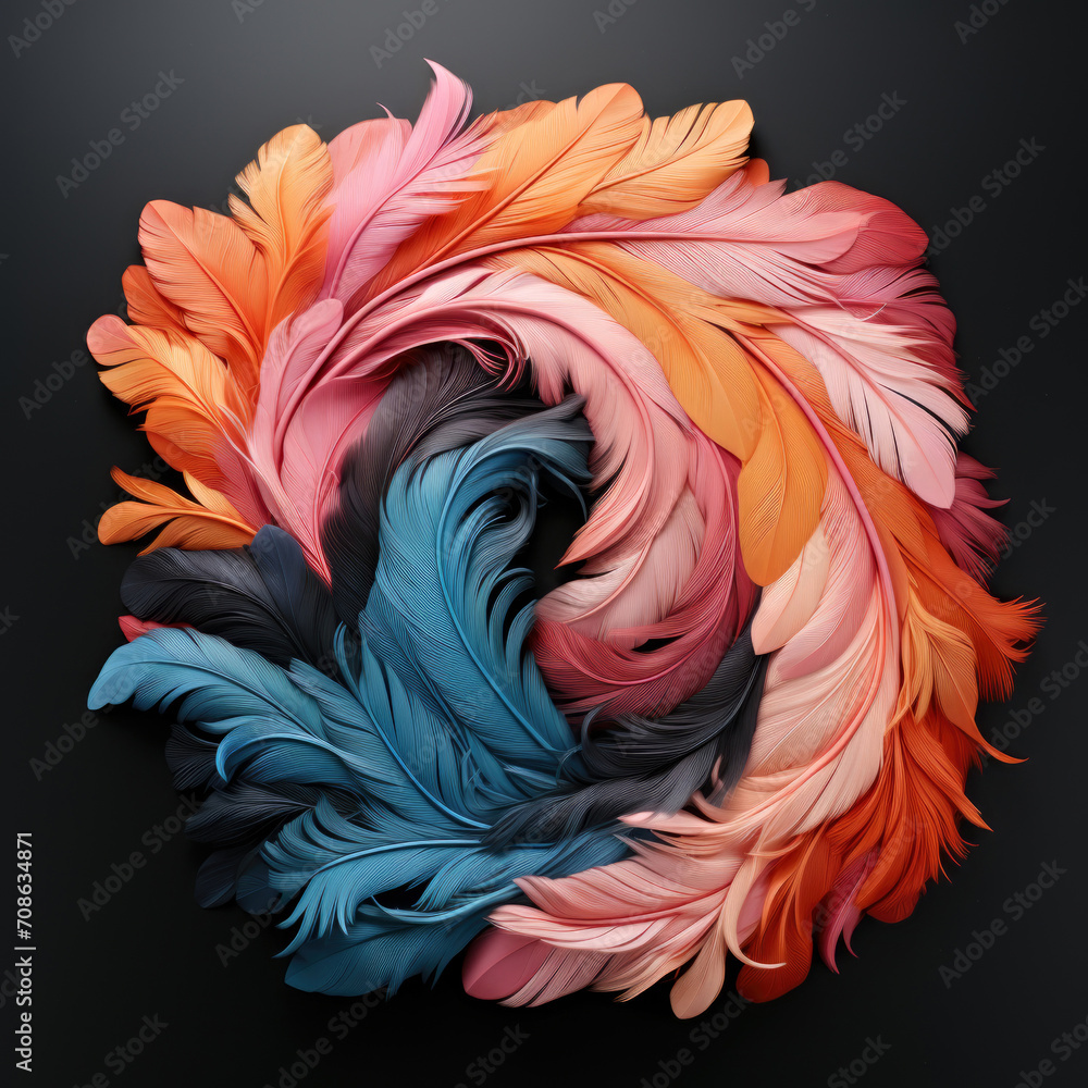 A circular arrangement of colored feathers on a black surface.
