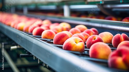 Ripe peaches on a conveyor belt in a modern factory 
