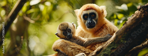 Yellow-cheeked Gibbon, Nomascus gabriellae, with grass food, orange monkey on the tree. photo