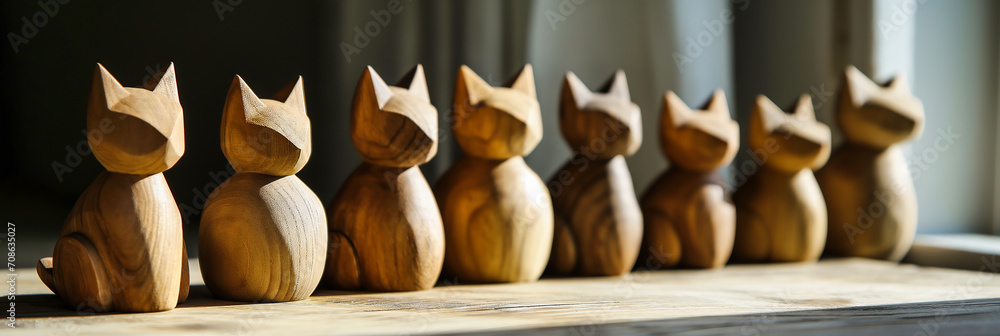 Wooden cats in a row on a wooden table. Selective focus.
