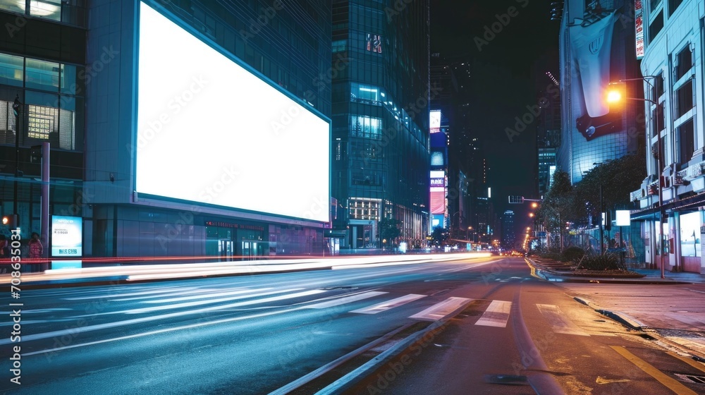 Blank glowing white advertising banner on a night city street, mockup. Large billboard on a modern building, intersection with neon lights, slow motion, copy space - obrazy, fototapety, plakaty 