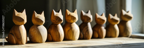 Wooden cats in a row on a wooden table. Selective focus. 
