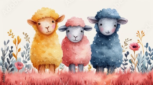 Cute group of sheep watercolor style. Colorful sheep. Beautiful banner for decoration design, print, wallpaper, textile, interior design, poster, children books, decorate children rooms © nataliia_ptashka