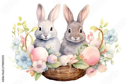 watercolor realistic painting easter eggs and rabbit in basket of pastel flower garden on white background. © LADIE_PASTEL