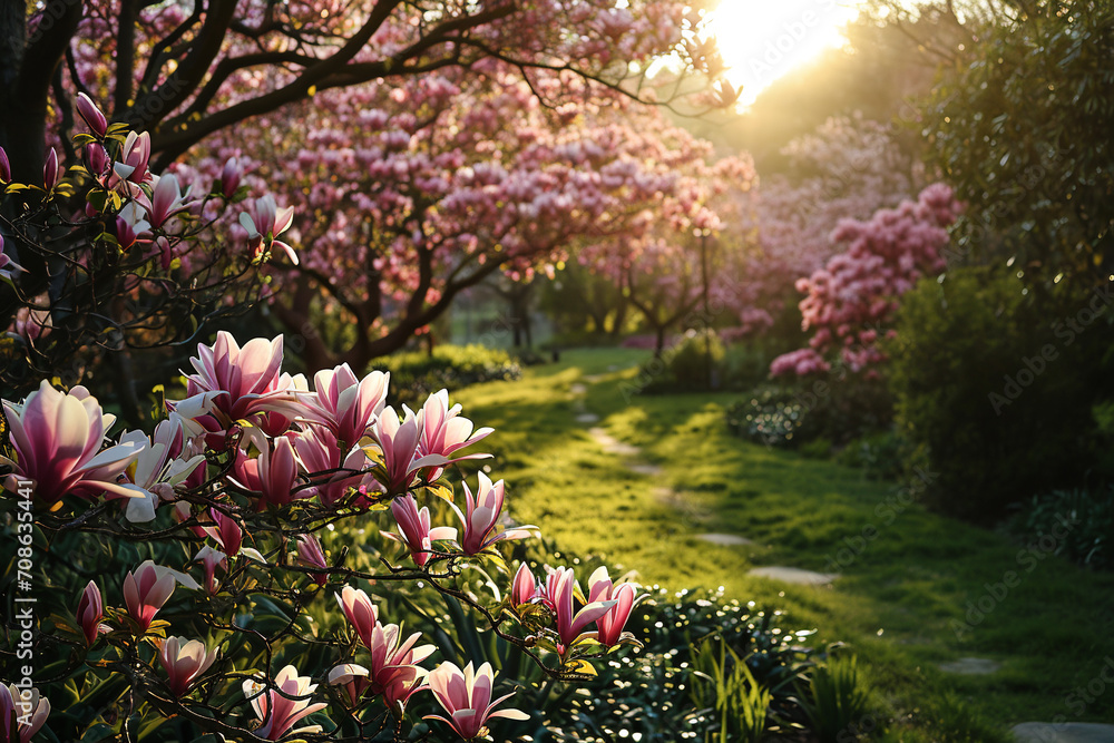 Obraz premium Botanical garden with pink magnolia flowers blooming.