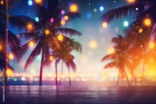 Vibrant tropical landscape with illuminated palm trees