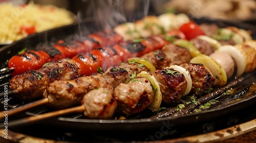 A sizzling plate of grilled kebabs, showcasing the diverse flavors of Saudi Arabian barbecue. 