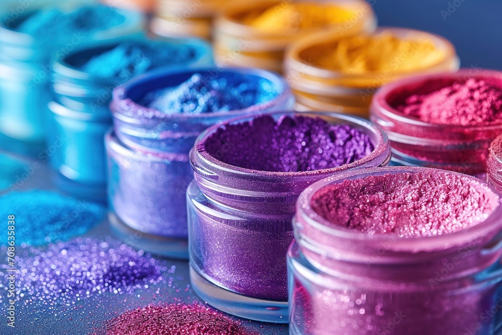high-resolution, high quality 8k image of Makeup image of row of colorful powder jars containing dipping powder for nail polish high-resolution, high quality 8k image of Makeup image of row of colorful powder jars containing dipping powder for nail polish