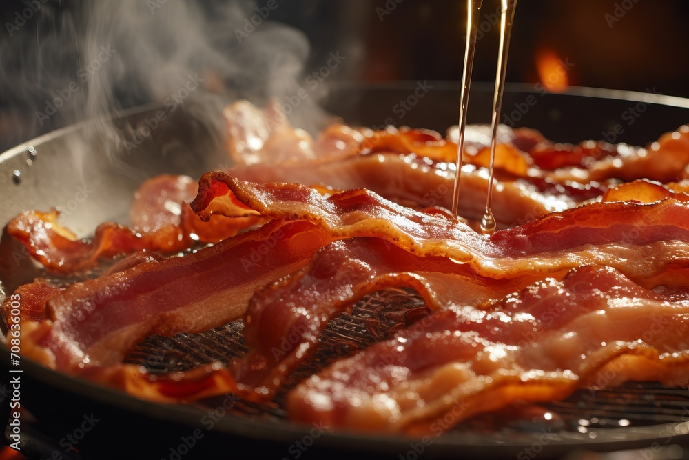 Close up of crispy bacon being flipped in a frying pan Close up of crispy bacon being flipped in a frying pan