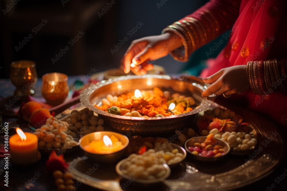 Person lighting candles in a bowl on a table