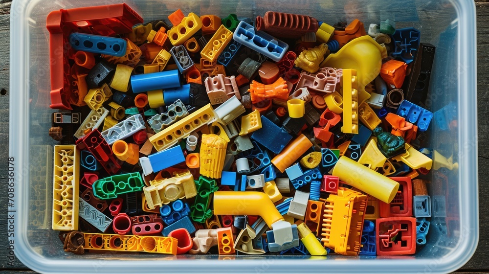 Plastic, transparent container with a children's construction set. Organization of storage of children's toys
