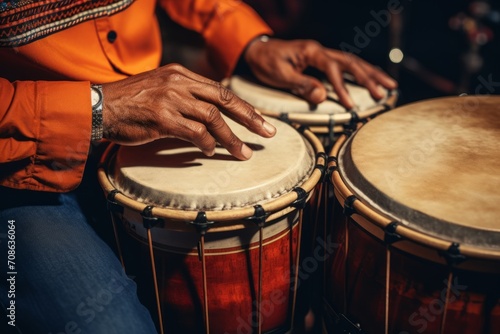 Close ups of hands striking drums and percussion instruments for retro rhythms