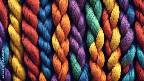 Colorful ropes as background, Multi-colored threads woven.