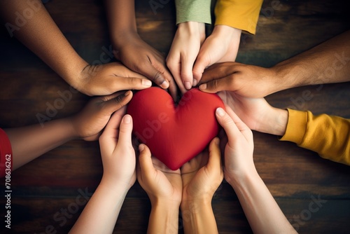 Conceptual image of hands forming a heart around a diverse group, symbolizing unity and understanding
