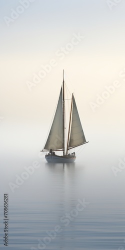 A wooden sailboat with white sails glides across a still, misty lake,