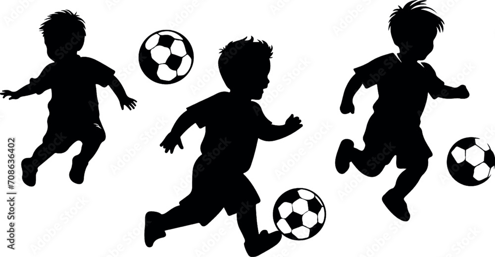 Dark silhouette of child playing soccer, Boy playing soccer. kid play football, great set collection clip art Silhouette, Black vector illustration on white background eps .