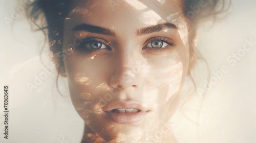 Double exposure of a woman's face showing sun glare and windows against a light background. Conceptual image, shining particles of light, warm portrait for psychedelic design. photo