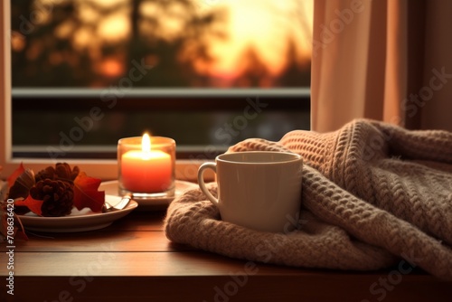 Cozy fall scene mockup with a blanket, a cup of coffee, and warm lighting