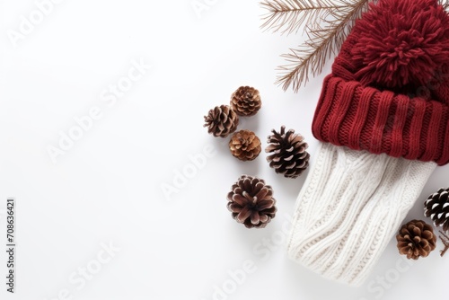 Cozy winter accessories like scarves and mittens arranged on a white background for Christmas