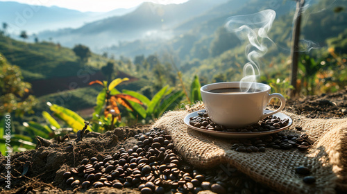 Hot coffee cup with organic coffee beans on the wooden table and the plantations background with